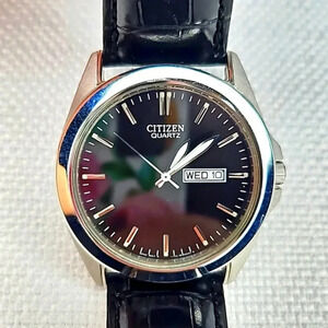 Citizen Quartz Men's Black Dial Leather Strap Stainless Steel Watch